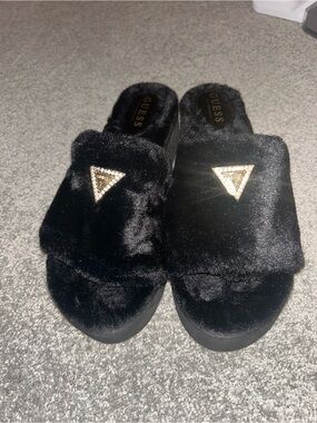 GUESS Black Faux Fur Slide Mules